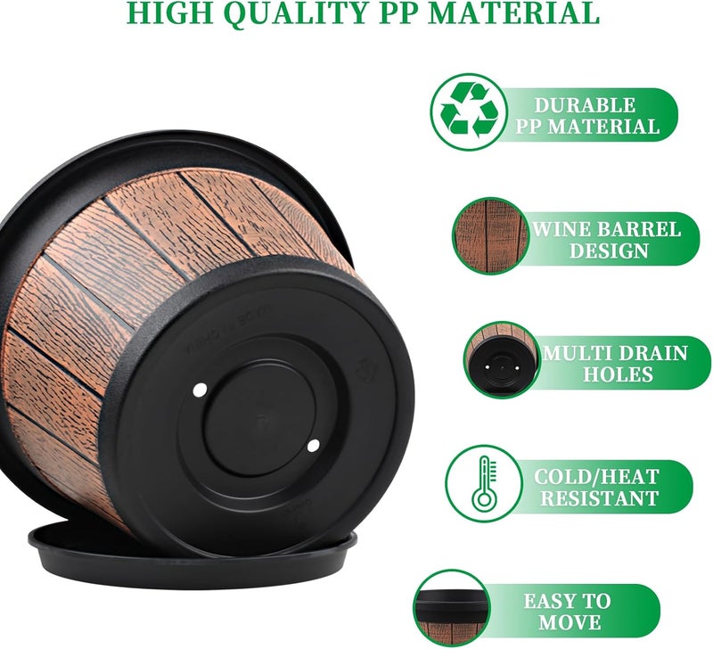 Quarut 4 Pack 12 inch Plant Pots,Whiskey Barrel Planters with Drainage Holes & Saucer,Plastic Decoration Flower Pots Retro Design,Planters for Outdoor Indoor Garden Home Plants (Brown) - Image 3